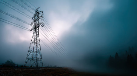 A high voltage electricity tower with steel cables extending through a foggy morning, creating a dramatic and atmospheric sceneの素材