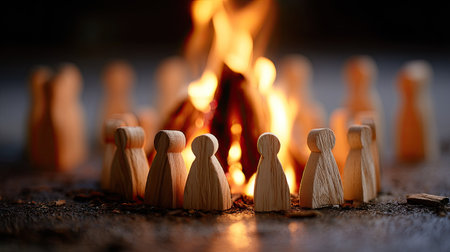 A group of wooden figures encircling a fire, symbolizing intense group discussion or collective passionの素材