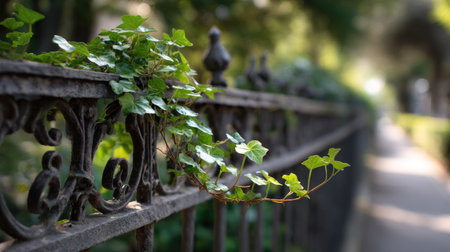 A decorative wrought iron metal fence with elegant curves and designs, partially covered in green ivyの素材