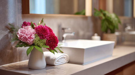 A fresh flower in a sleek, simple vase placed on the bathroom counter, with a modern sink and mirror reflecting the elegant dcorの素材