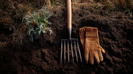 A gardener's gloves and a rake resting on freshly tilled, rich soil, showing the texture of the earth and a peaceful outdoor sceneの素材