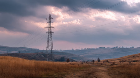 A high-voltage electricity tower standing tall in a rural landscape, with string cables stretching overhead toward distant hills and power stationsの素材