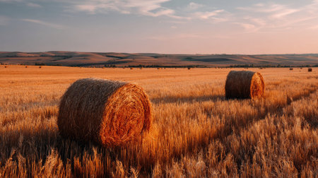 A golden wheat field during harvest time, scattered hay bales in the background under clear skiesの素材