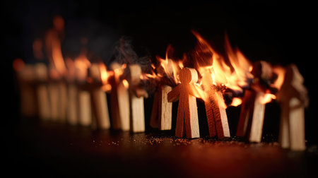 A group of wooden cutouts burning gradually from one end to the other, symbolizing a chain reaction in communicationの素材