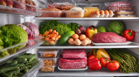A fridge fully stocked with farm-fresh produce, meats, and organic snacks, each item neatly placed in its own sectionの素材