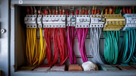 A high-tech workspace with colorful electrical wires connected to a control panel, illustrating the technical aspect of electrical installationの素材
