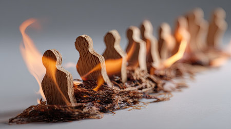 A group of wooden cutouts burning gradually from one end to the other, symbolizing a chain reaction in communicationの素材