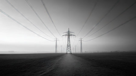 A high voltage electricity tower with string cables extending into the horizon, creating a symmetrical view across a flat, open landscapeの素材