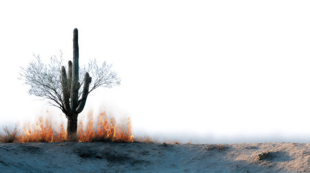 A lone saguaro cactus on white, flames dancing up one side, surreal visual combining calm and chaosの素材