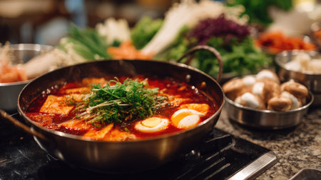 A Korean hot pot on a modern stove with vibrant red broth and a variety of fresh ingredients around itの素材