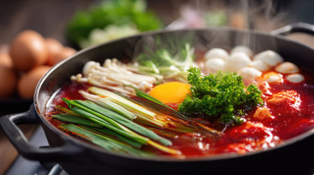 A Korean hot pot on a modern stove with vibrant red broth and a variety of fresh ingredients around itの素材