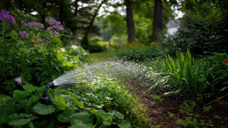 A garden hose with water spraying onto lush plants in a well-maintained backyard garden, surrounded by greenery and flowersの素材