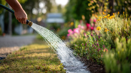 A gardener watering the lawn with a rubber hose, water flowing out in a steady stream, soaking the ground in a suburban gardenの素材