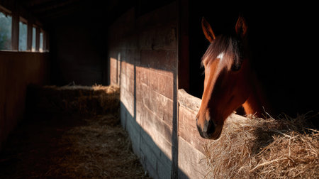 A light bay horse illuminated by late afternoon light inside a traditional wooden stall, shadows adding depthの素材