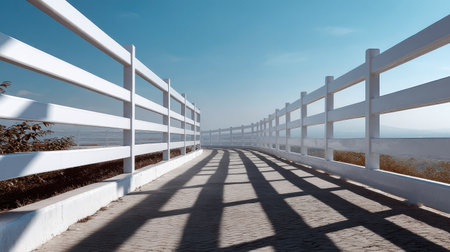 A high-quality metal fence with clean horizontal lines, set against a sunny sky and casting long shadowsの素材