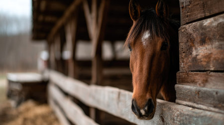 A horse looking out from a barn stall, rustic wood textures and muted color palette enhancing the moodの素材