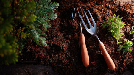 A gardening fork and shovel placed on top of nutrient-rich soil in a well-prepared garden bed, with fresh earth textures visibleの素材