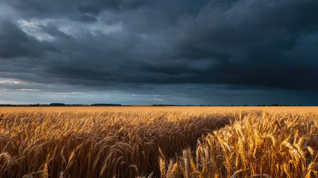 A golden wheat field under a dramatic sky, dark clouds contrasting against the glowing crops belowの素材