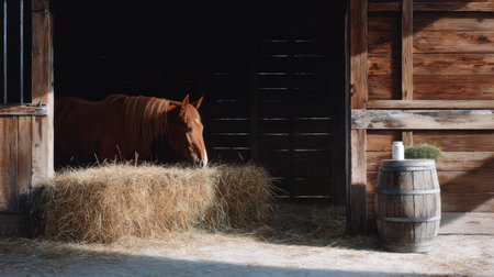 A horse nibbling hay from the corner of its wooden stall, surrounded by sunlit barn elementsの素材