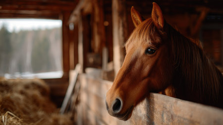 A horse stretching its neck over the wooden stall door, barn interior glowing with natural light from a nearby windowの素材