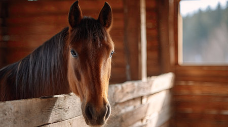 A horse stretching its neck over the wooden stall door, barn interior glowing with natural light from a nearby windowの素材