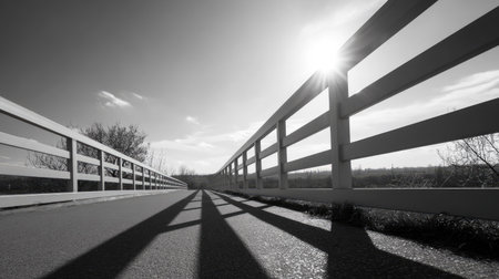 A high-quality metal fence with clean horizontal lines, set against a sunny sky and casting long shadowsの素材