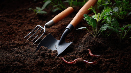 A garden shovel and rake on rich, dark soil with visible earthworms, ready to till the soil for planting flowers or vegetablesの素材