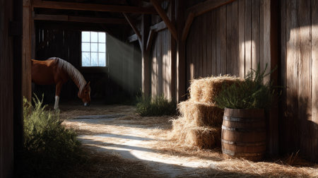 A horse nibbling hay from the corner of its wooden stall, surrounded by sunlit barn elementsの素材