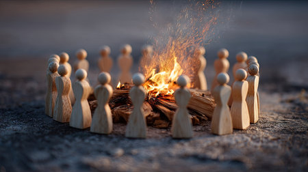 A group of wooden figures encircling a fire, symbolizing intense group discussion or collective passionの素材