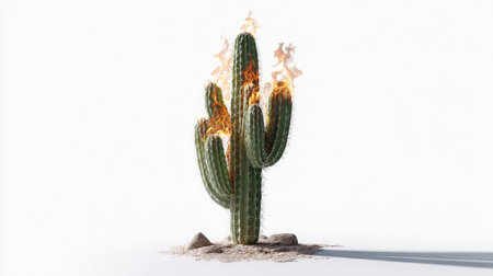 A lone saguaro cactus on white, flames dancing up one side, surreal visual combining calm and chaosの素材