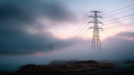 A high voltage electricity tower with steel cables extending through a foggy morning, creating a dramatic and atmospheric sceneの素材