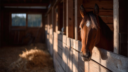 A light bay horse illuminated by late afternoon light inside a traditional wooden stall, shadows adding depthの素材