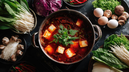 A Korean hot pot on a modern stove with vibrant red broth and a variety of fresh ingredients around itの素材
