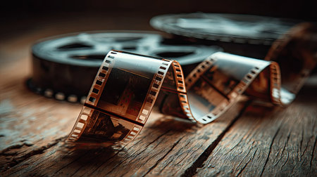 Vintage film negatives unspooled and curled loosely on a wooden surface with soft lightingの素材