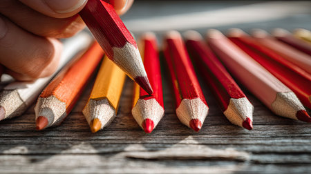 A hand picking up a red pencil from a collection of colorful pencils, placed on a wooden surfaceの素材