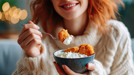 Woman dipping a chicken nugget into a bowl of creamy blue cheese sauce, with a relaxed smile on her faceの素材