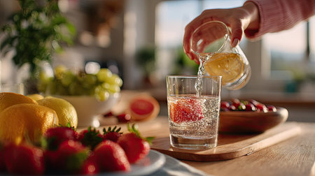 Woman pouring water into a glass at the breakfast table, with fresh fruit and a clean kitchen setting in the backgroundの素材