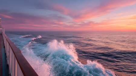 Ocean waves gently crashing against the side of a cruise ship, with a stunning sunset painting the sky in vibrant huesの素材