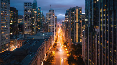 Panoramic aerial view of a nighttime cityscape, showing streetlights lighting up the streets, with skyscrapers casting a golden glow over the cityの素材