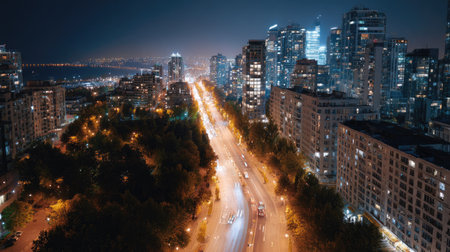 Overhead view of a busy city center at night, illuminated by bright streetlights and the glow of high-rise buildings in the distanceの素材