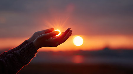 Woman's hands held open as if releasing the sun, glowing with the last light of day, sky glowing in warm huesの素材