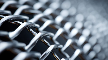 Abstract close-up of a metal fence with a repeating pattern, showcasing the smooth, shiny texture and reflective surfaceの素材
