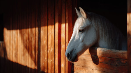 A beautiful white horse calmly gazing outside from a wooden stall, sunlight casting warm tones on the wooden panelsの素材