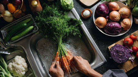 Overhead shot of young man scrubbing dirt off root vegetables in the sink, preparing for a healthy homemade mealの素材