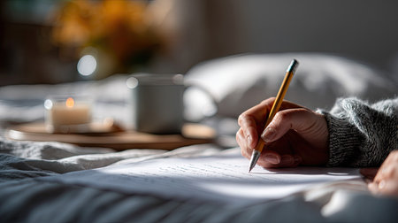 Writer in quiet room using pencil to outline ideas on paper documents, focused and relaxedの素材