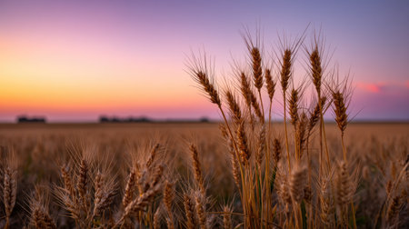 An endless field of mature golden wheat stretching toward the horizon, framed by a pastel sunrise skyの素材