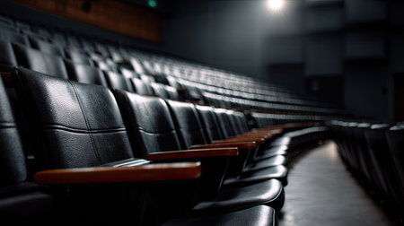 Moody shot of empty lecture theater chairs in a stepped layout, no people, low lighting creating a somber toneの素材