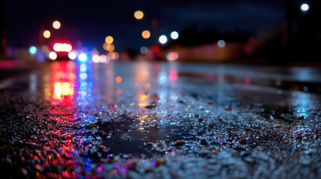 Nighttime accident scene with flashing blue and red lights reflecting off wet pavementの素材