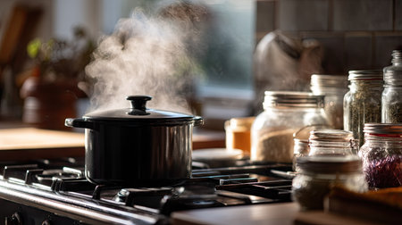 A black enamel pot on a vintage gas range, water boiling, steam gently fogging nearby glass jarsの素材
