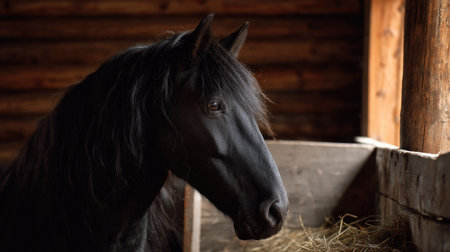 A black Friesian horse with flowing mane inside a well-maintained wooden stall, soft morning light casting shadows on the wallsの素材